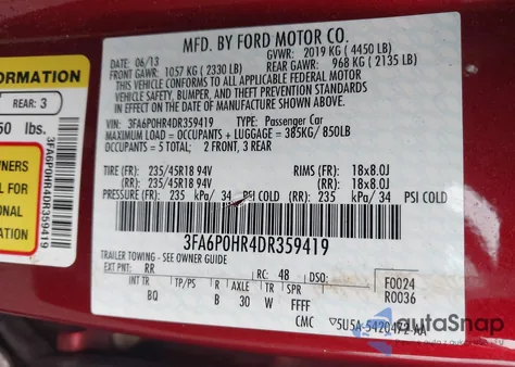 2013 Ford Fusion Se z USA, uszkodzony, nr VIN 3FA6P0HR4DR359419